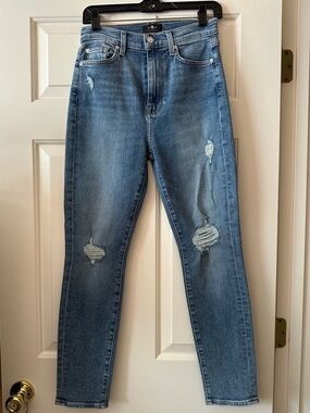 7 for All Mankind Medium Blue Distressed High-Rise Women's Jeans- 27